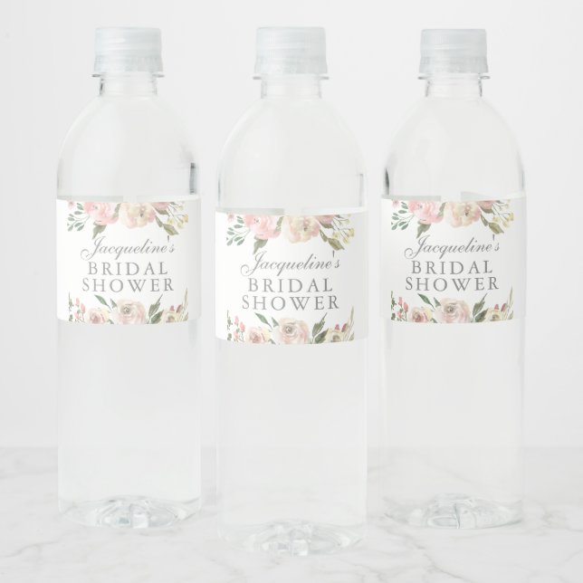 Elegant Pink Floral Bridal Shower Custom Water Bottle Label (Bottles)