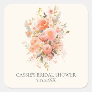 Elegant Pink Floral Bridal Shower Favour Square Sticker