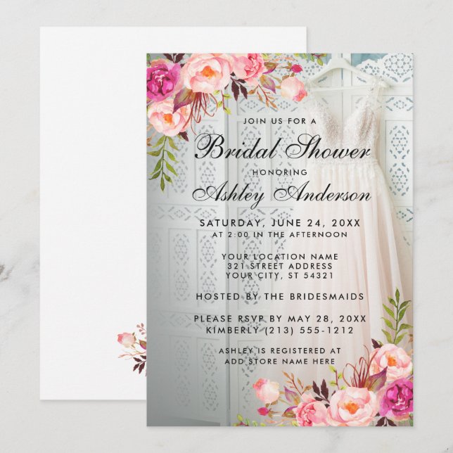 Elegant Pink Floral Bridal Shower Invitation (Front/Back)