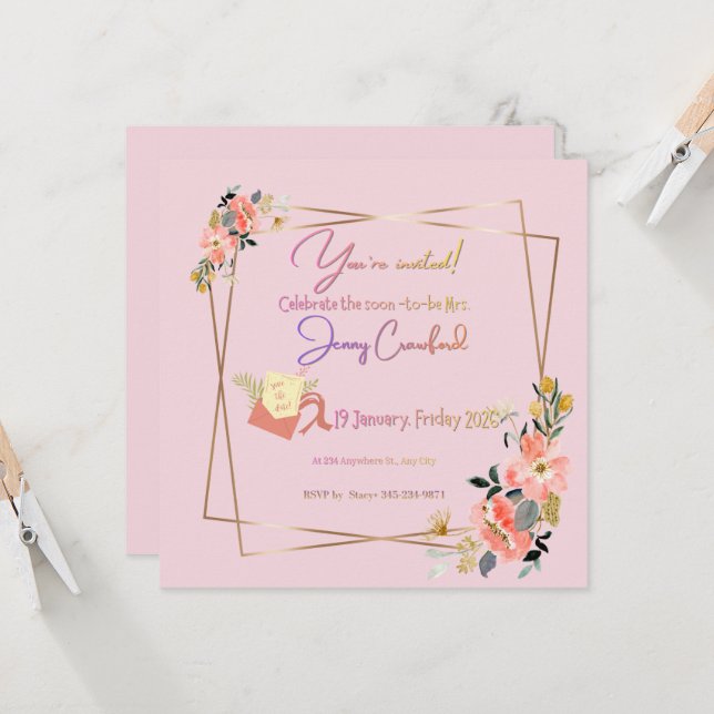 Elegant Pink Floral Bridal Shower Invitation | Mod (Front/Back In Situ)