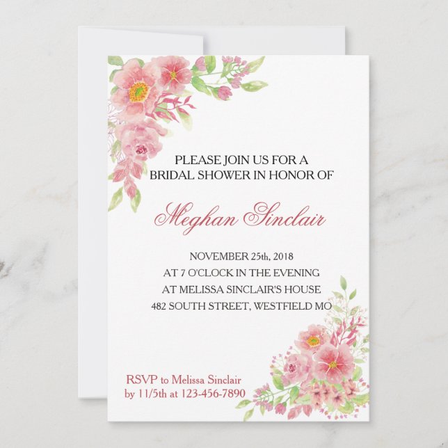 Elegant Pink Floral Bridal Shower Invites (Front)