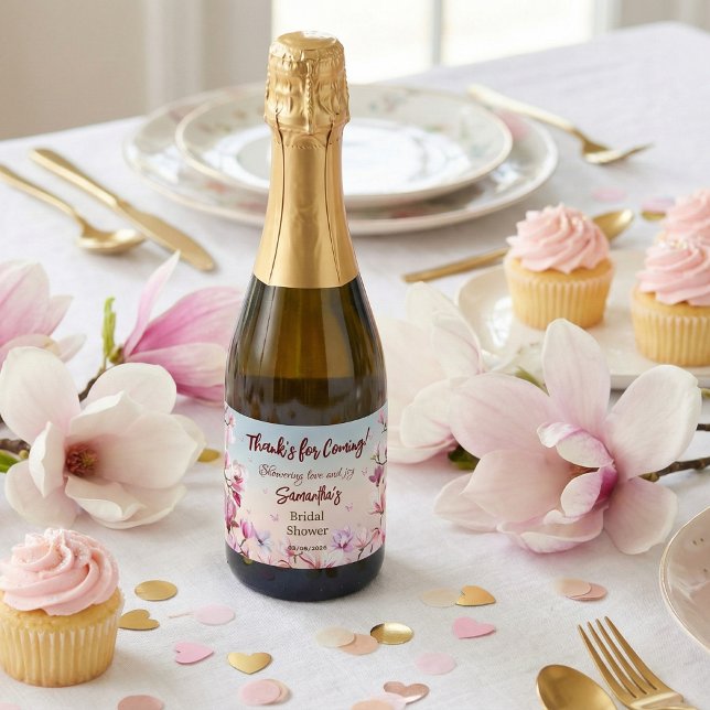 Elegant Pink Floral Bridal Shower Mini Sparkling Wine Label (Creator Uploaded)