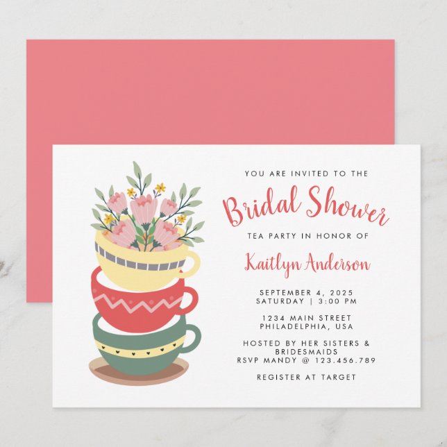 Elegant Pink Floral Bridal Shower Tea Party  Invitation (Front/Back)