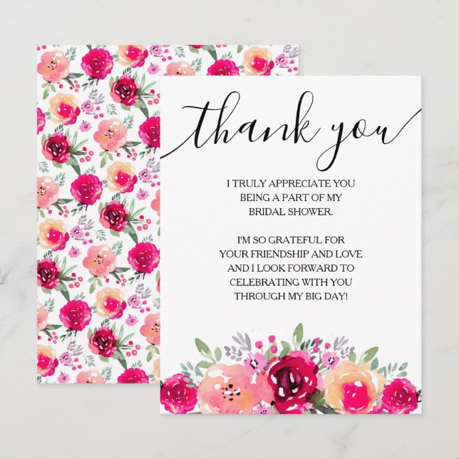 Elegant Pink Floral Bridal Shower Thank You Card (Front/Back)