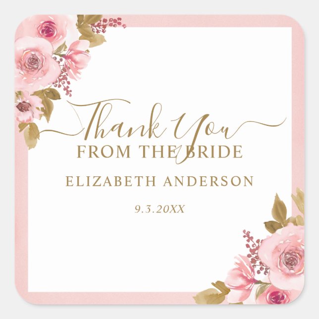 Elegant Pink Floral Bridal Shower Thank You Square Sticker (Front)