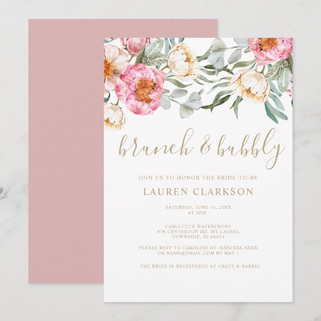 Elegant Pink Floral Brunch Bridal Shower   Invitation (Front/Back)