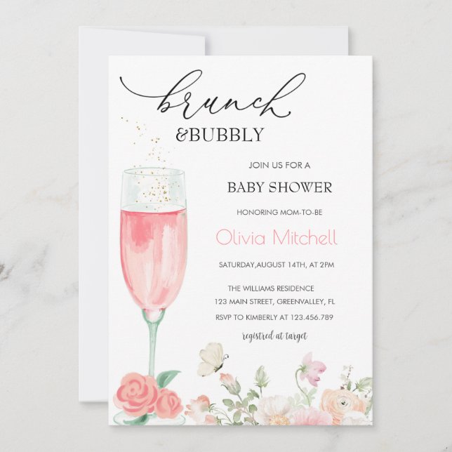 Elegant Pink Floral Brunch & Bubbly Baby Shower  Invitation (Front)
