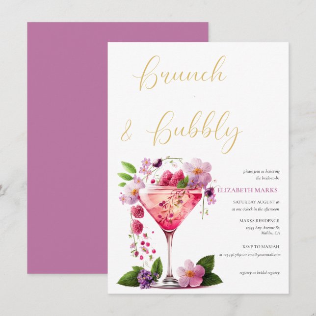 Elegant Pink Floral Brunch & Bubbly Bridal Shower  Invitation (Front/Back)