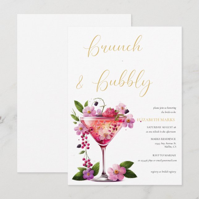 Elegant Pink Floral Brunch & Bubbly Bridal Shower  Invitation (Front/Back)