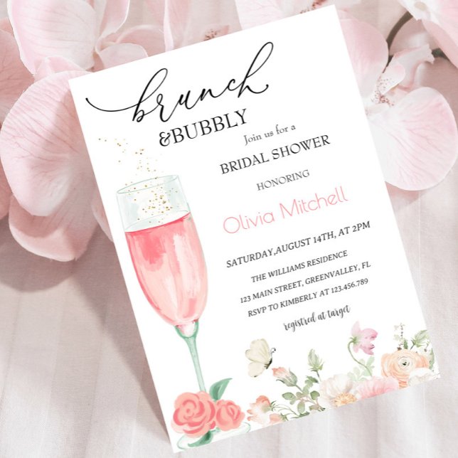 Elegant Pink Floral Brunch & Bubbly Bridal Shower  Invitation (Creator Uploaded)