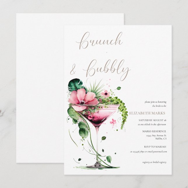 Elegant Pink Floral Brunch & Bubbly Bridal Shower  Invitation (Front/Back)