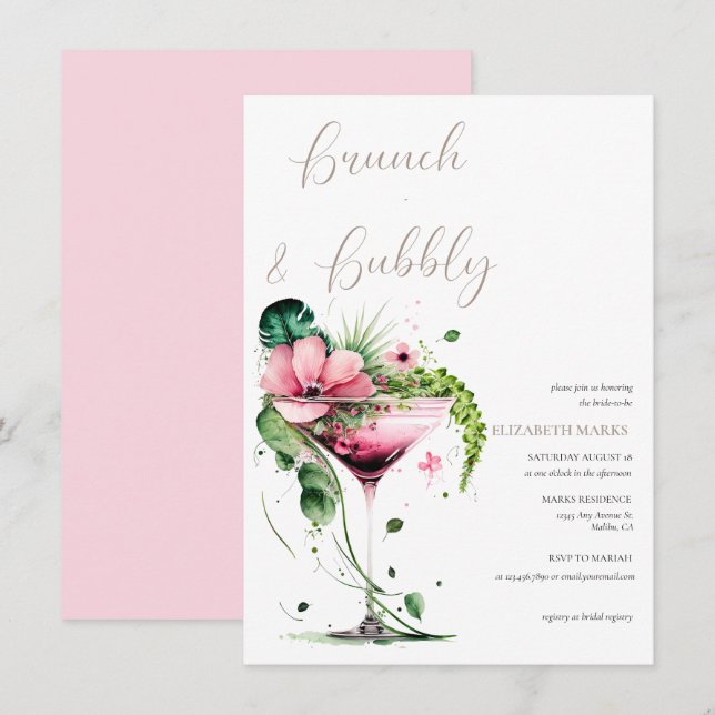 Elegant Pink Floral Brunch & Bubbly Bridal Shower Invitation (Front/Back)