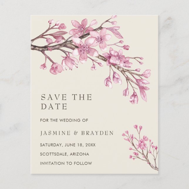 Elegant Pink Floral Budget Wedding Save The Date (Front)