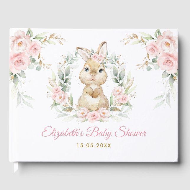 Elegant Pink Floral Bunny Rabbit Girl Baby Shower Guest Book (Front)