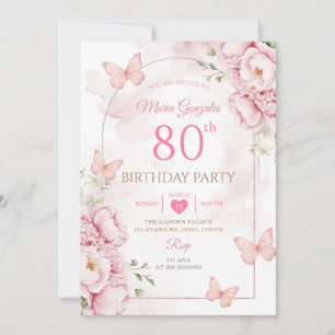 Elegant Pink Floral Butterfly 80th Birthday Invitation