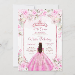 Elegant Pink Floral Butterfly Princess Quiñceanera Invitation