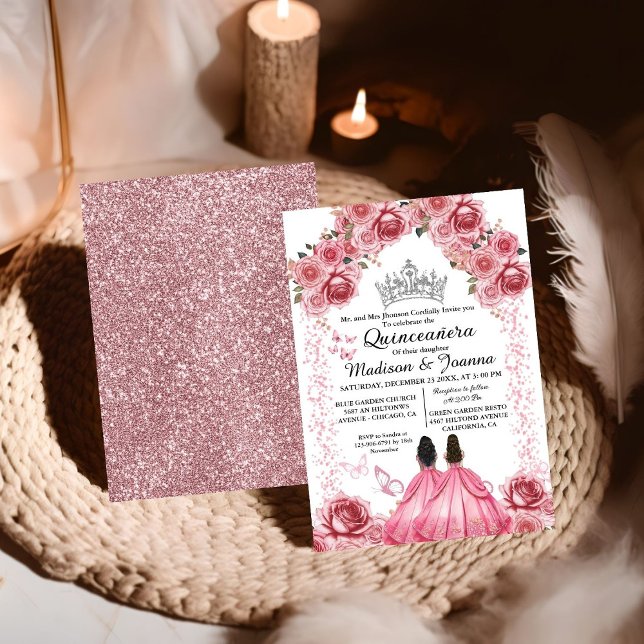 Elegant  Pink Floral Butterfly Twin Quinceanera Invitation (Creator Uploaded)