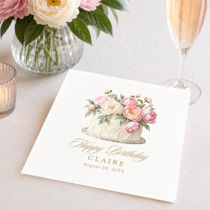 Elegant Pink Floral Cake Feminine Birthday Party Napkin