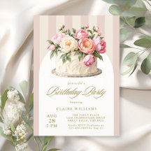 Elegant Pink Floral Cake Striped Birthday Party