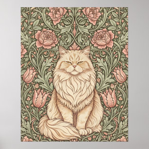 Elegant Pink Floral Cat Poster William Morris Art 