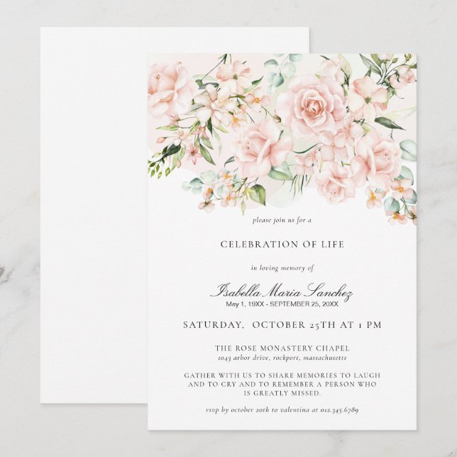Elegant Pink Floral Celebration of Life Funeral Invitation (Front/Back)