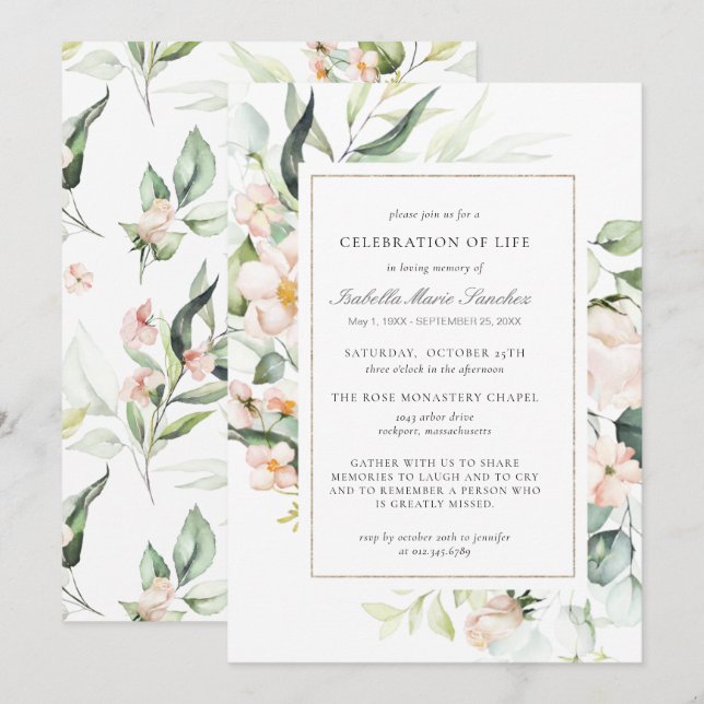 Elegant Pink Floral Celebration of Life Funeral  Invitation (Front/Back)