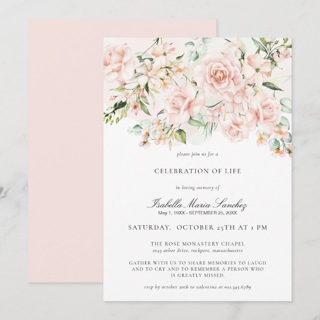 Elegant Pink Floral Celebration of Life Funeral Invitation (Front/Back)