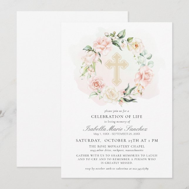 Elegant Pink Floral Celebration of Life Funeral  Invitation (Front/Back)