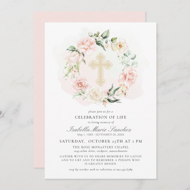Elegant Pink Floral Celebration of Life Funeral Invitation (Front/Back)