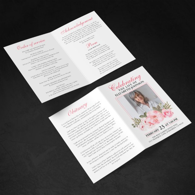 Elegant Pink Floral Celebration of Life Memorial  Programme (Creator Uploaded)