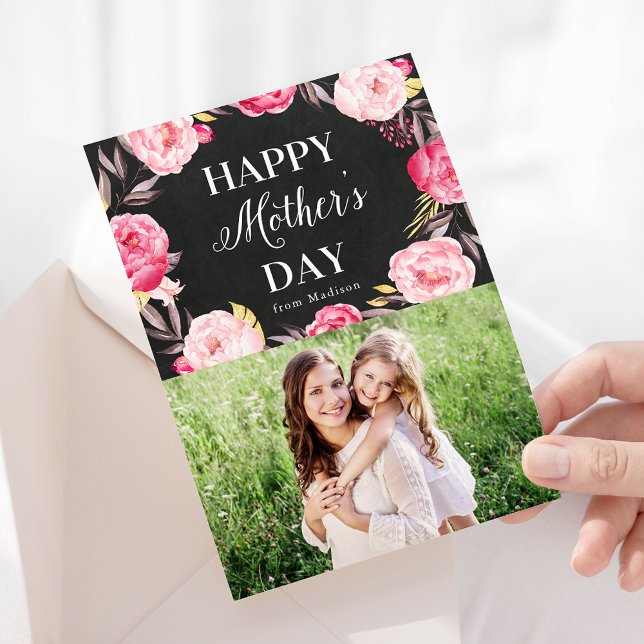 Elegant Pink Floral Chalkboard Photo Mother's Day Card (Creator Uploaded)