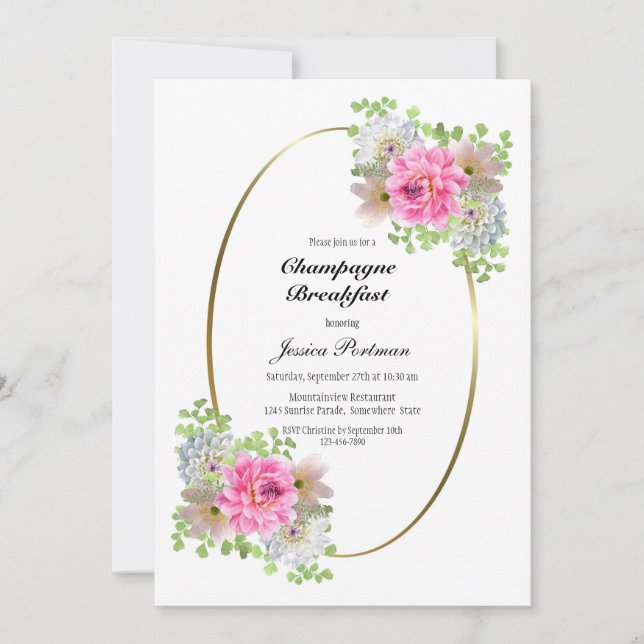 Elegant Pink Floral Champagne Breakfast Invitation (Front)