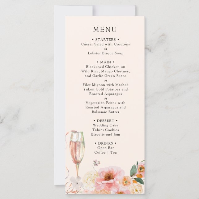 Elegant Pink Floral Champagne Bridal Shower Menu (Front)