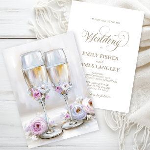Elegant Pink Floral Champagne Glasses Wedding Invitation