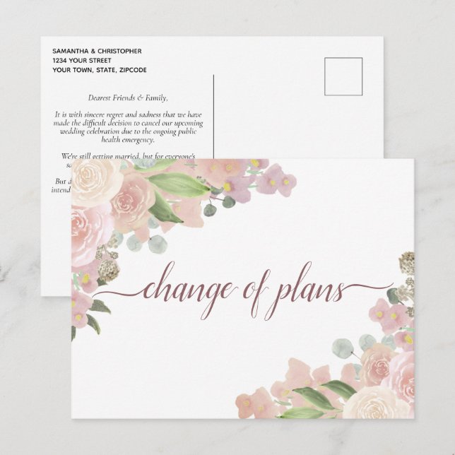 Elegant Pink Floral Change of Wedding Plans Announcement Postcard (Front/Back)