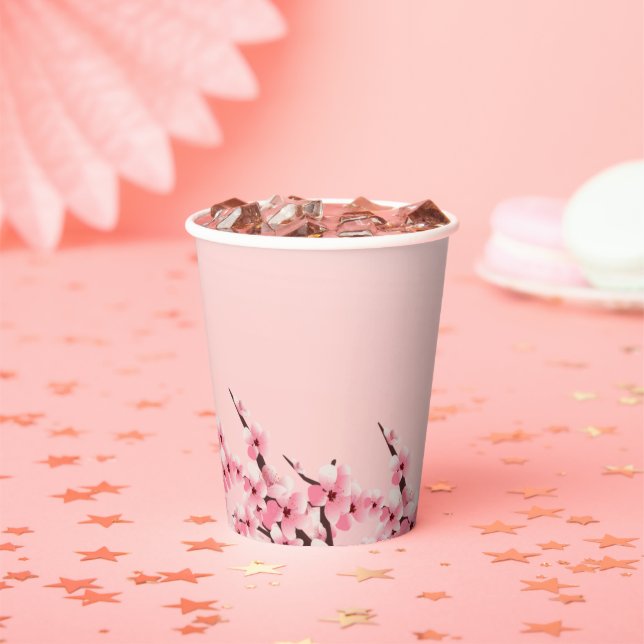 Elegant Pink Floral Cherry Blossom Party Paper Cups (Insitu)
