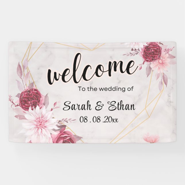 Elegant Pink floral Cherry Blossom Wedding welcome Banner (Horizontal)