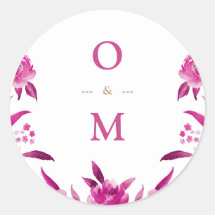 Elegant pink floral Chinoiserie Wedding monogram Classic Round Sticker