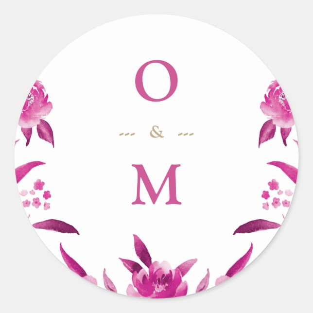 Elegant pink floral Chinoiserie Wedding monogram Classic Round Sticker (Front)
