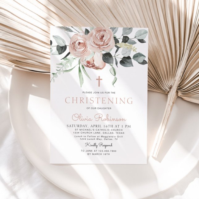 Elegant Pink Floral Christening Baptism Invitation (Creator Uploaded)