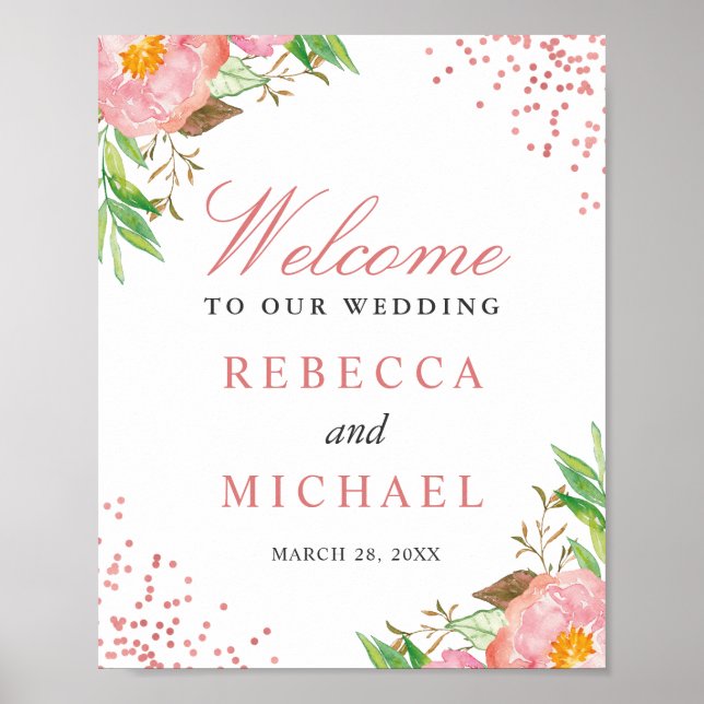 Elegant Pink Floral Confetti Wedding Welcome Sign (Front)