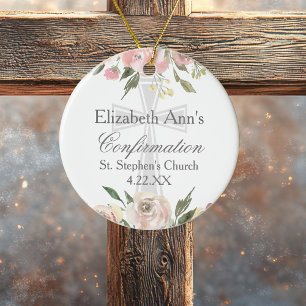 Elegant Pink Floral Confirmation Custom Christmas Ceramic Tree Decoration