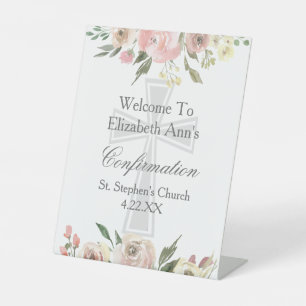 Elegant Pink Floral Confirmation Custom Party Pedestal Sign