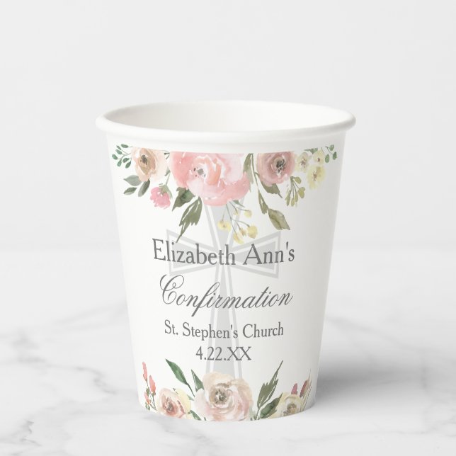 Elegant Pink Floral Confirmation Party Custom Paper Cups (Front)