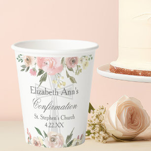 Elegant Pink Floral Confirmation Party Custom Paper Cups