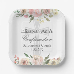 Elegant Pink Floral Confirmation Party Custom Paper Plate