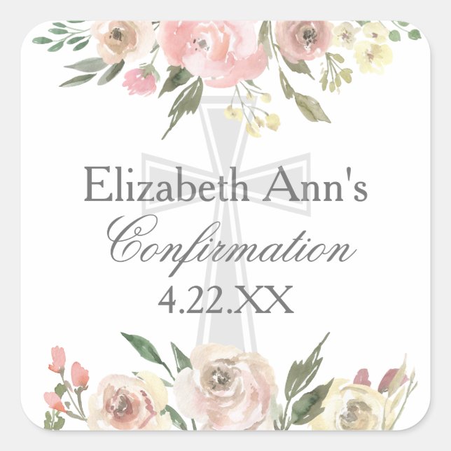 Elegant Pink Floral Confirmation Party Custom Square Sticker (Front)
