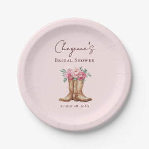 Elegant Pink Floral Cowgirl Bridal Shower Paper Plate