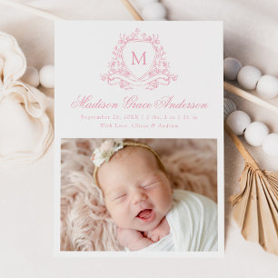 Elegant Pink Floral Crest Monogram 4 Photo Birth Announcement