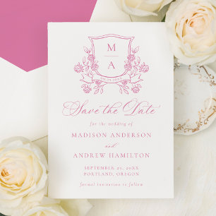 Elegant Pink Floral Crest Wedding Save The Date